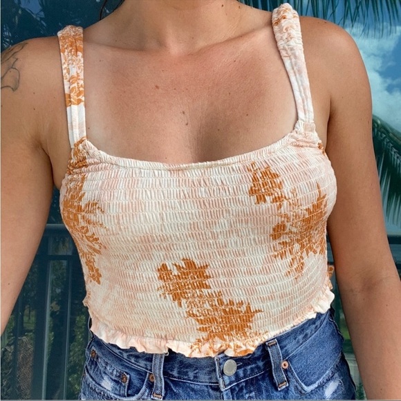 Free People Muted Neutral Smocked Floral Ruffle Tank Top XS - Picture 1 of 7
